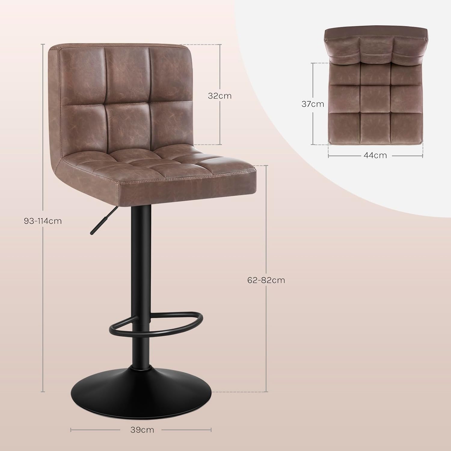 Diagram showing the dimensions of the bar stool in centimeters.
