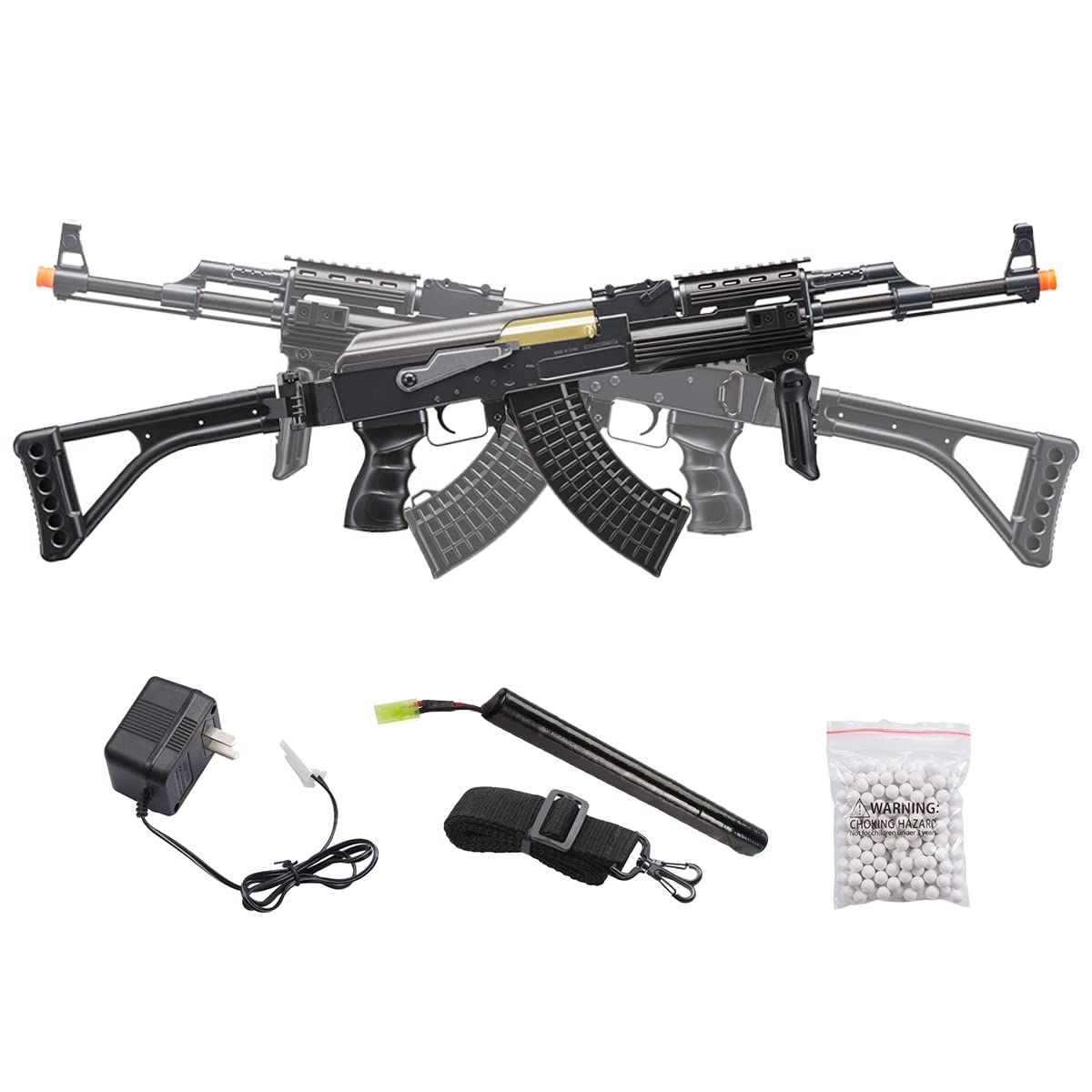 350 FPS DE Airsoft AK-47 AEG Rifle Side Folding Stock with Battery Charger, Black