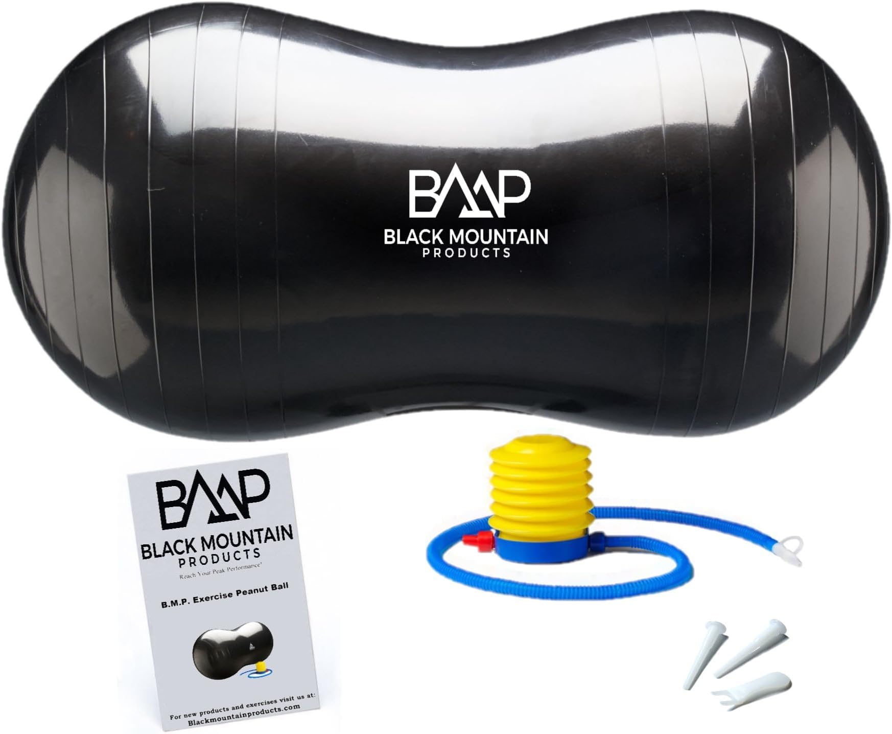 Black Mountain Products Exercise Stability Yoga Peanut Ball, Foot Pump, Ball Plug, Plug Puller, 2000 Lbs Static Weight Capacity Antiburst