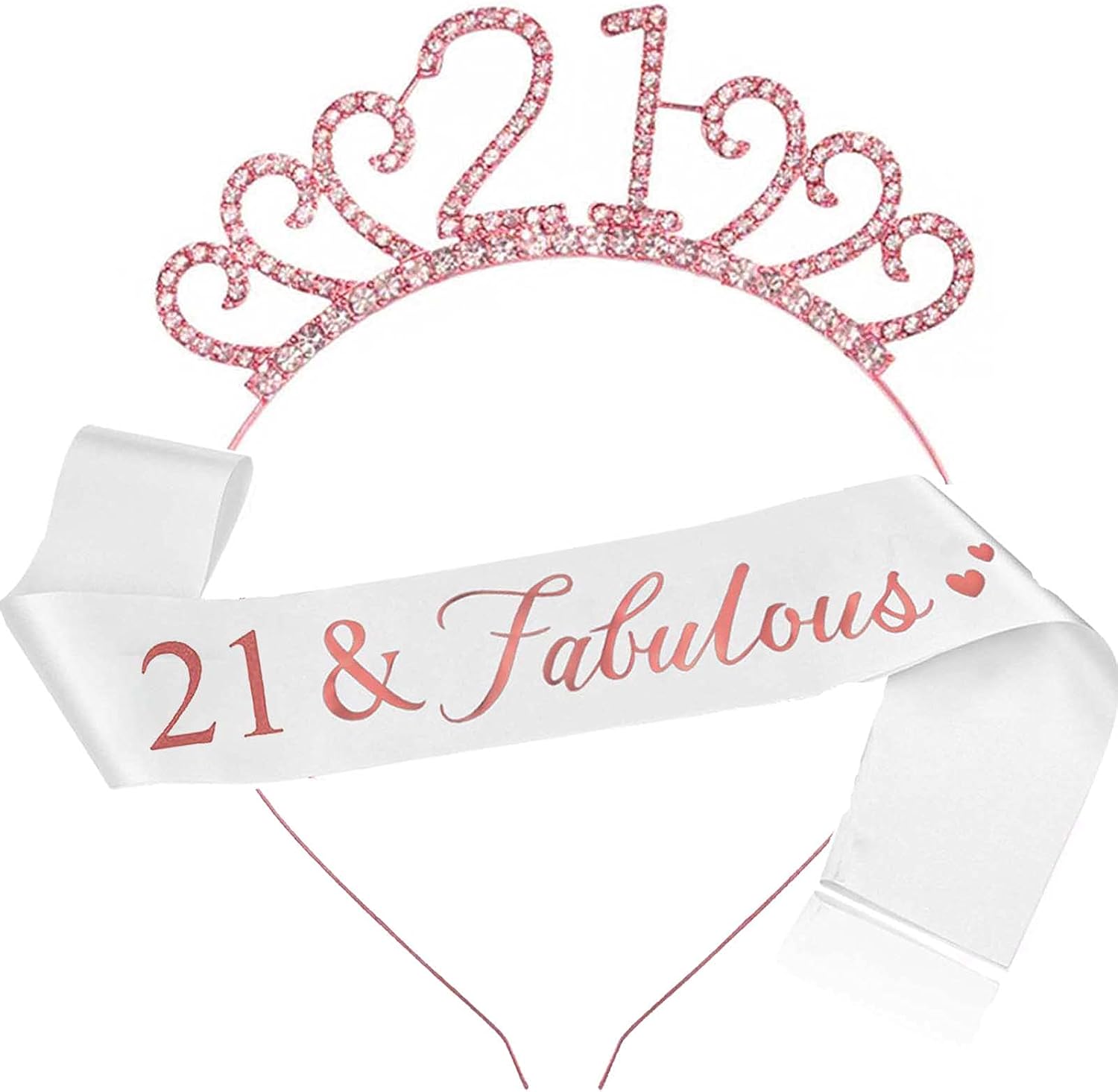 MIOSJI 21st Birthday Sash and Crystal Tiara Crown, 21st Birthday Gifts for Her Girls Birthday Decorations Party Accessories (Rose Gold)