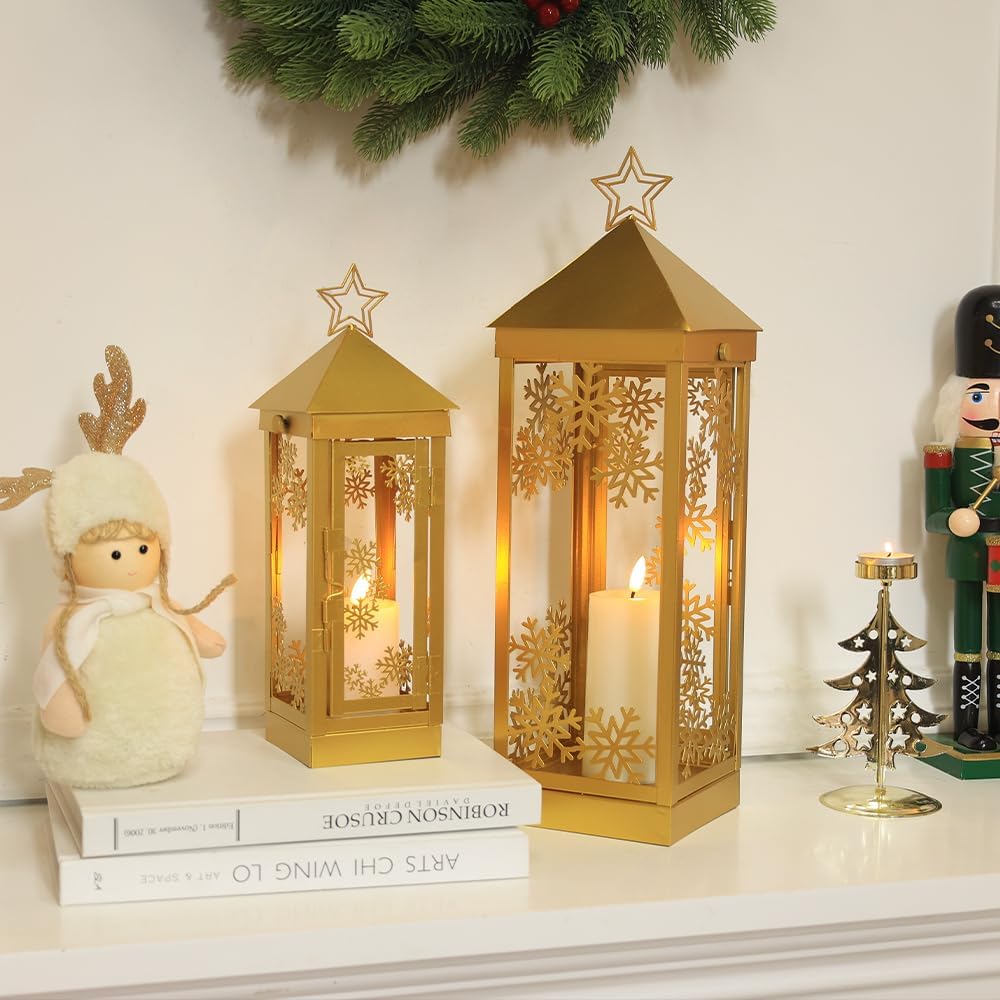 NEEDOMO Weihnachtsdekoration für Zuhause, dekorative Weihnachtslaterne, Innen- und Außenbereich, Metall-Kerzenhalter zum Aufhängen, mit Weihnachts-Schneeflocken, Sternen und LED-Kerze für