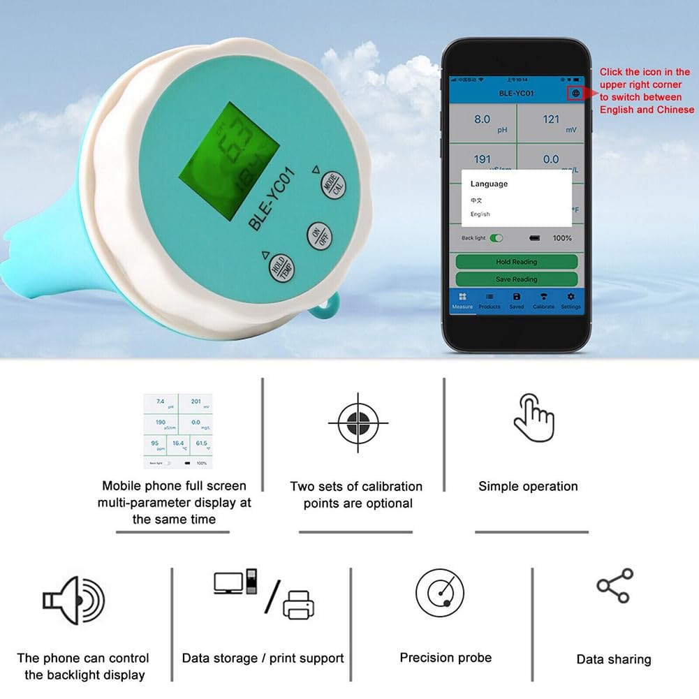 Monitor Bluetooth 6 en 1, Probador Digital de Calidad del Agua de Piscina - Termómetro con Medidor de Temperatura, PH, CL, EC, TDS, ORP para Acuario