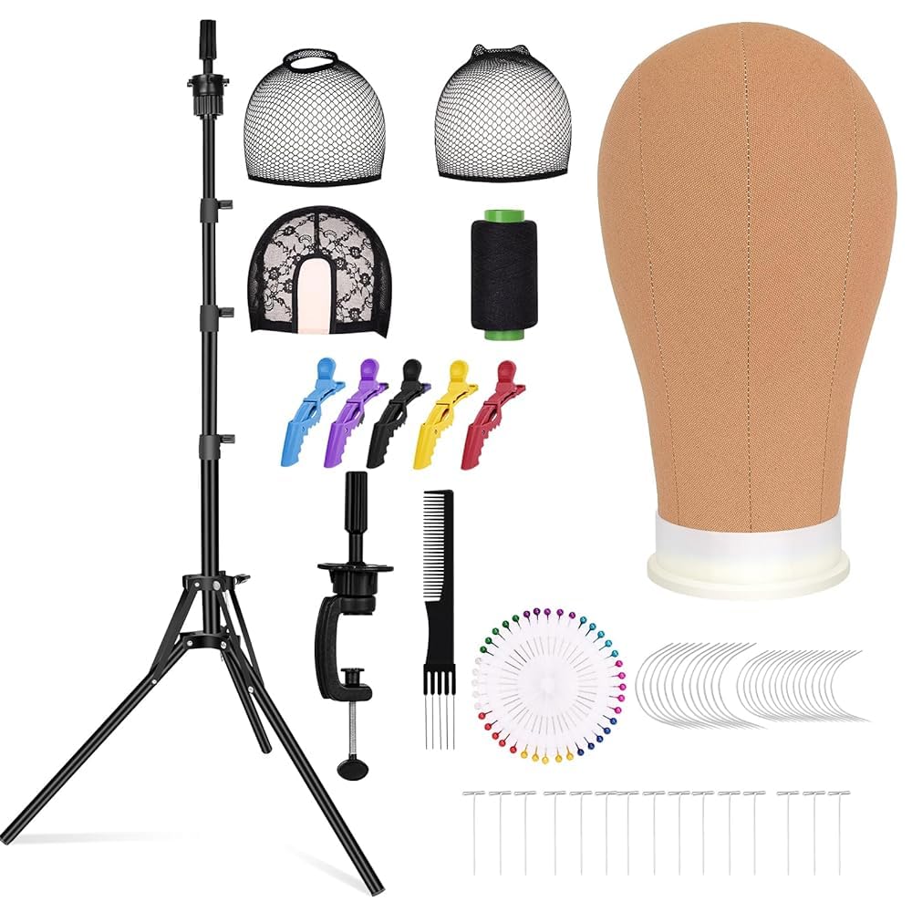 GHWMYD 22 Inch Canvas Wig Head Mannequin Head With 63in Tripod Stand, Manikin Canvas Head Set For Wigs Making Display Styling With Tripod Table Clamp