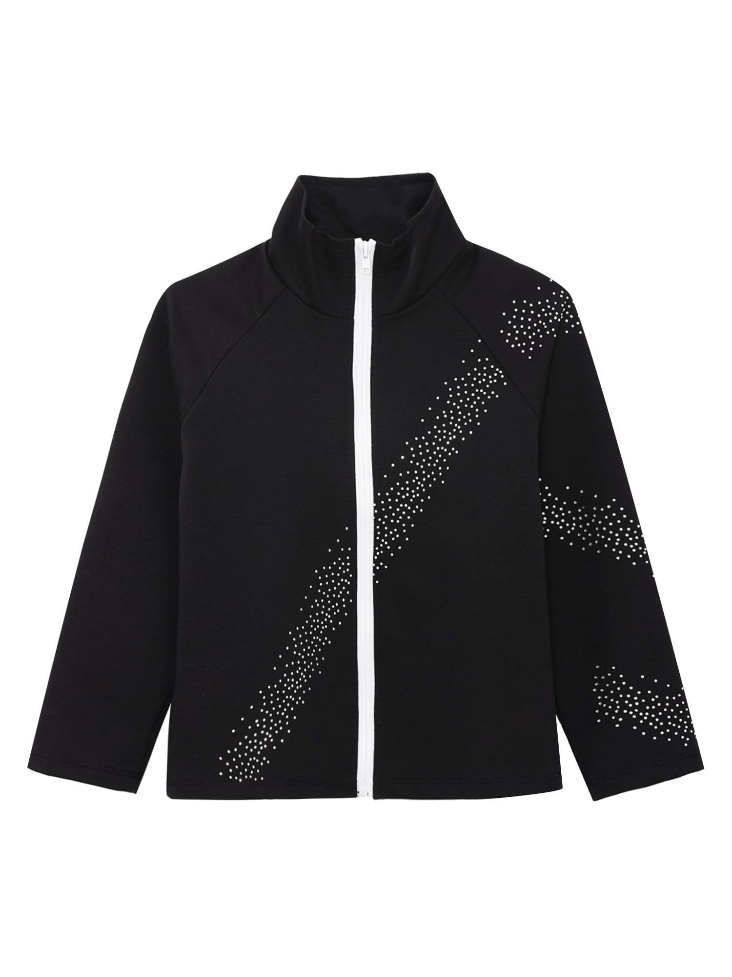 Alvivi Mädchen Eiskunstlauf Jacke Glitzer Strass Sweatjacke Sweatshirt Trainingsjacke Yoga Gym Sport Jacke Eislaufen Tanzkleidung H Schwarz 110-116