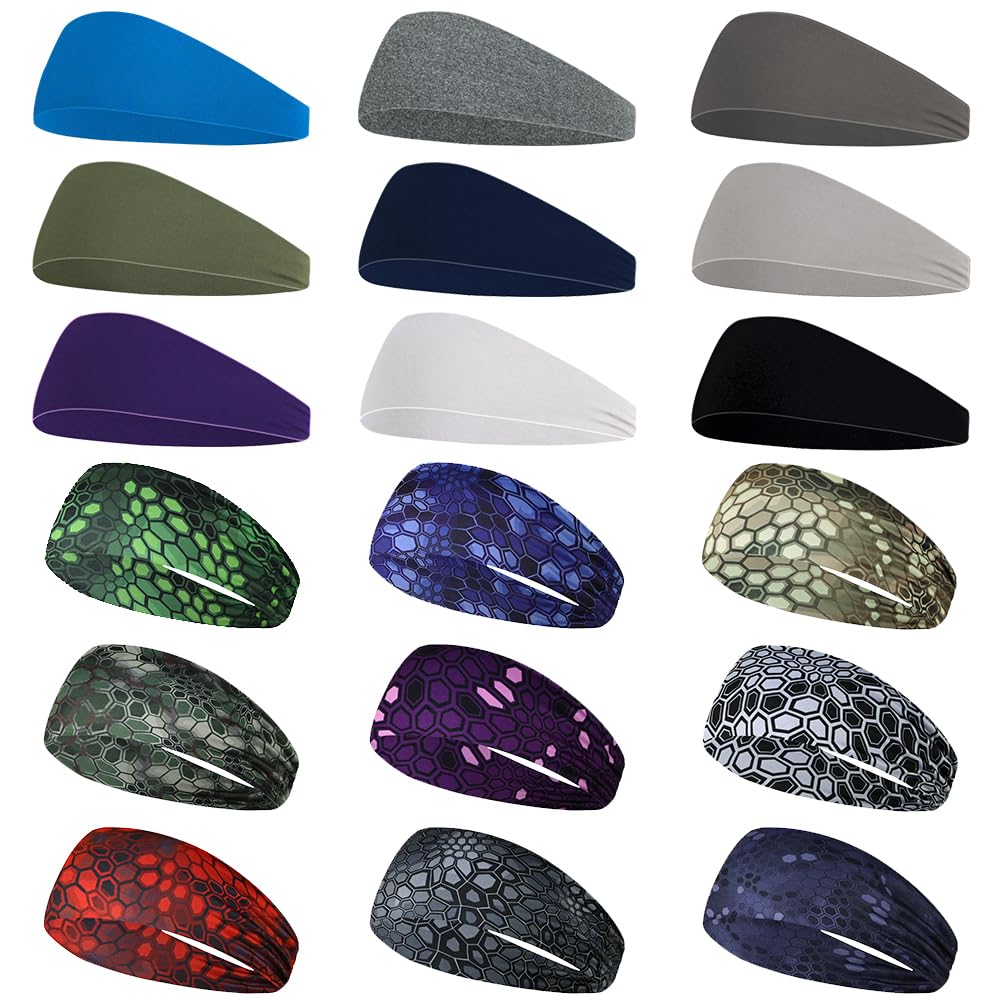 18 Pcs Sports Sweatbands Camo Headband Sweat Wicking Headband for Fitness Running Cycling Football Basketball