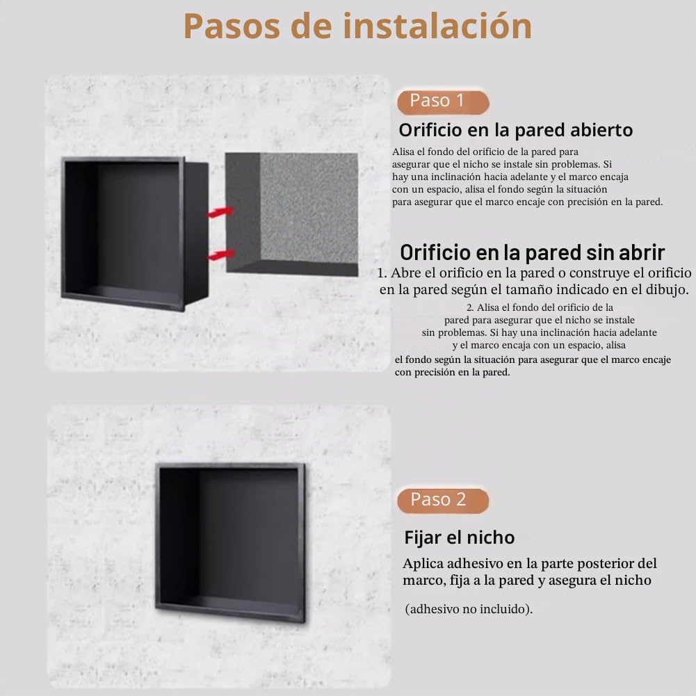 Ducha de Pared de Acero Inoxidable con luz LED, Estante de Almacenamiento de nicho de Ducha Empotrado para baño, no Requiere Azulejos (Negro, 70 x 28 x 12,5 cm)