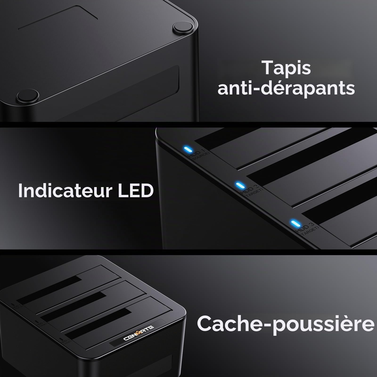 CENMATE Station d'accueil pour Disque Dur, Station d'accueil 3 Baies pour SATA SSD/HDD 2,5/3,5, Câble USB 3.0 A/C, Prise en Charge du Remplacement à Chaud