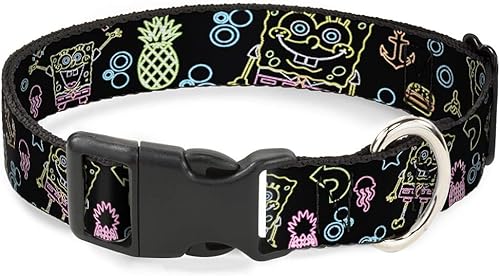 Collar de perro Clip de plástico eléctrico Bob Esponja Poses Elementos Negro Multicolor 11 a 17 pulgadas 1.0 pulgadas de ancho