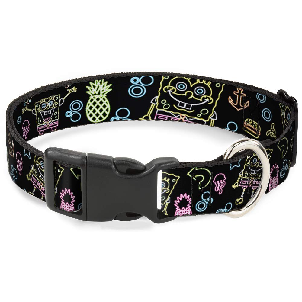 Dog Collar Plastic Clip Electric Spongebob Poses Elements Black Multi Color 15 to 26 Inches 1.0 Inch Wide
