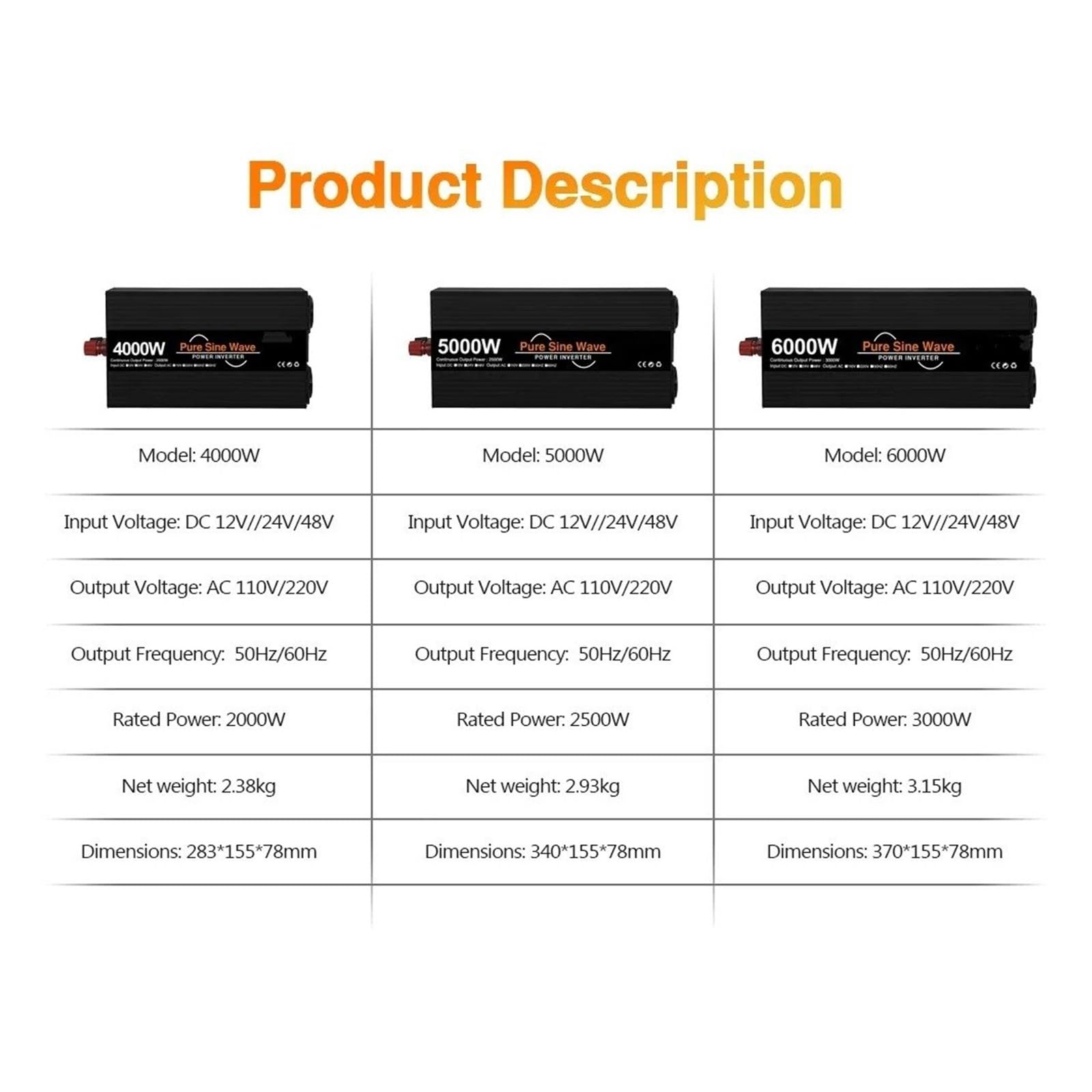 Inversor Corriente Convertidor Voltaje Onda Sinusoidal Pura 4000W 5000W 6000W con Doble Enchufe Europeo Inversor Solar 12V CC 24V Y 48V A 220V CA Transformador(24V,50HZ,6000W (Rated 3000W))