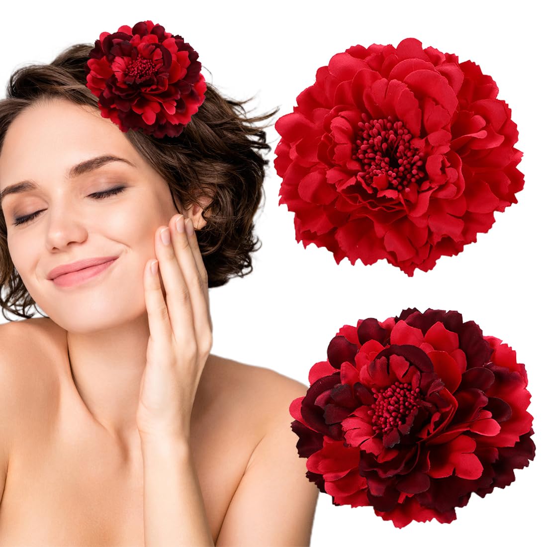 Set de 2 Clips de Pelo de Flor, Flor Flamenca Pelo para Mujer, Horquillas de Peonía Adorno Pelo para Boda Fiesta,Pasadores de Pelo para Niña