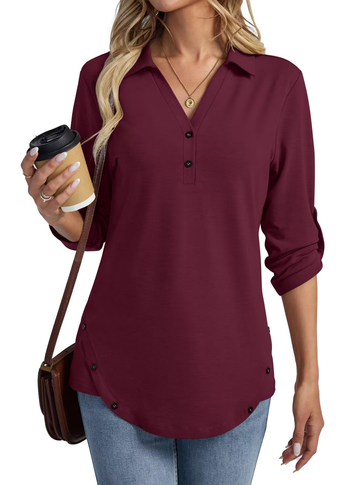 TICTICMISS Womens Rolled 3/4 Sleeve Tunic Tops Collared V Neck T Shirts OEKO-TEX STANDARD 100