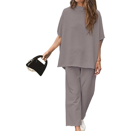 SeeLuNa Women's Two Piece Outfits 3/4 Batwing Sleeve Capelet Crew Neck Pullover Top Wide Leg Pants Lounge Set
