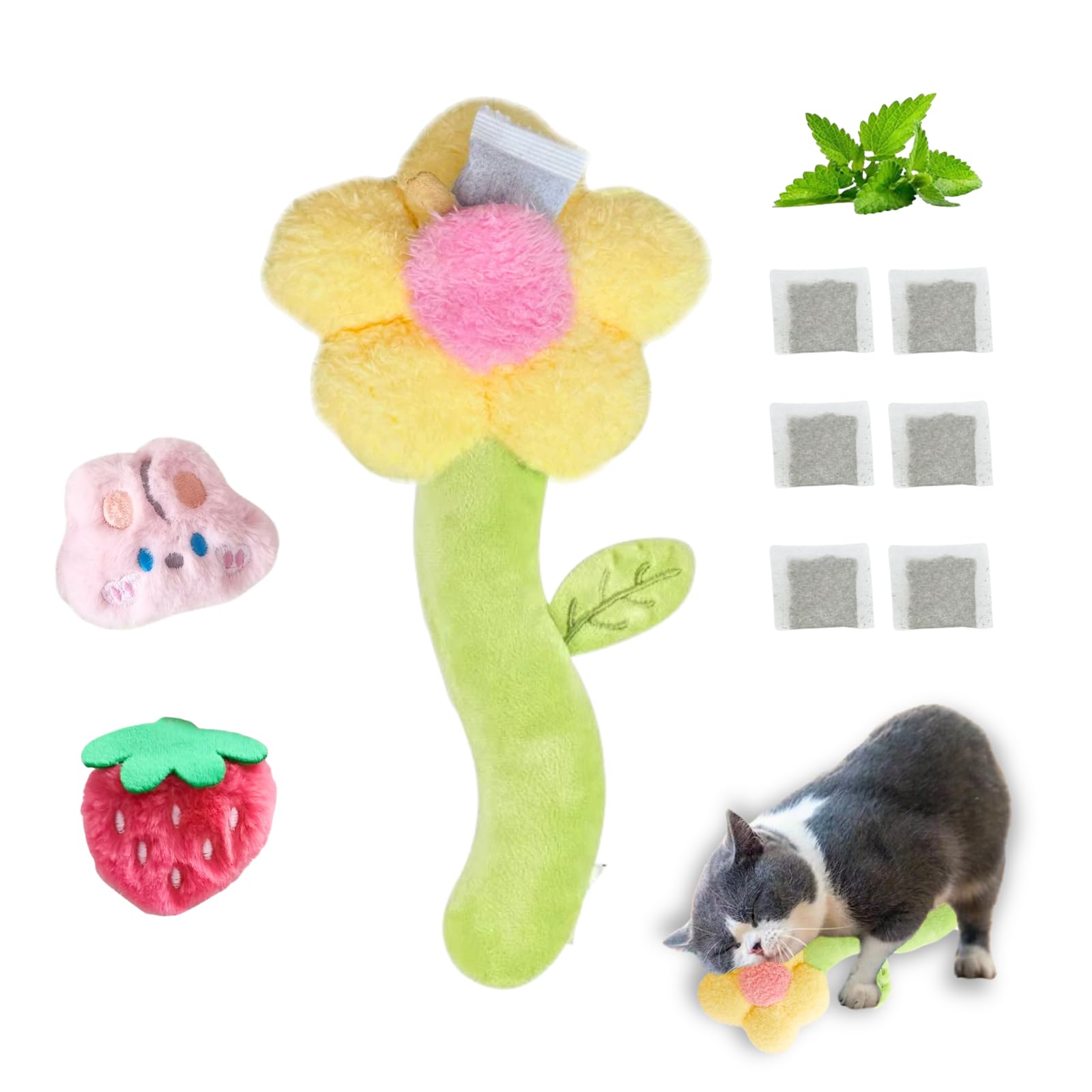 CECE PAW 3 PCS Catnip Toys, Includes 6-Pack Catnip Pouches, Catnip Refillable Interactive Cat Toy with Crinkle Sound, Bunny Easter Kicker Toy for Indoor Cats, Chew, Food Puzzle for Kitten Enrichment