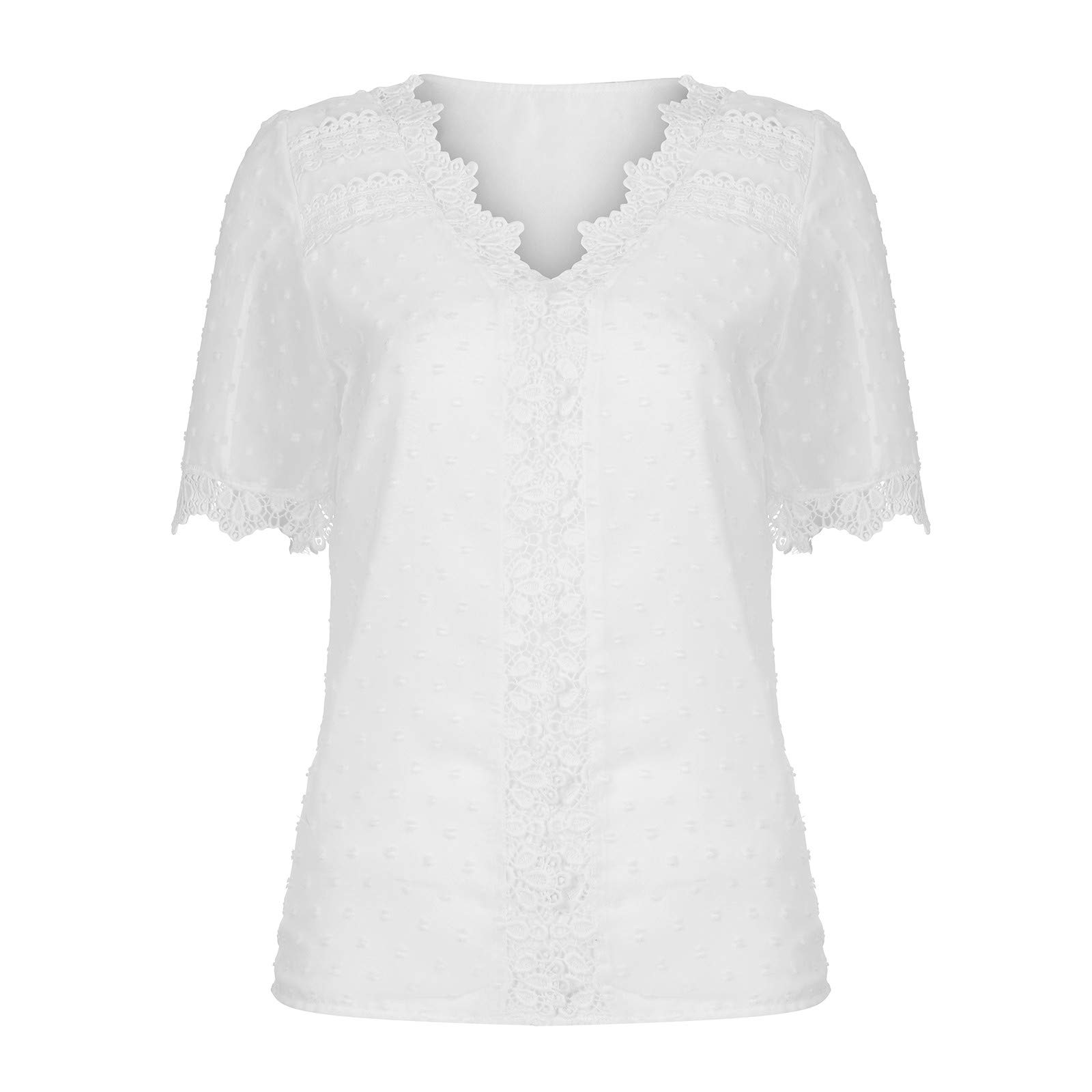 Chemisier Col V élégant T-shirt Femme Dentelle Col V - Demi-zippé Manches Courtes Décontracté Vêtement Polyvalent Femme
