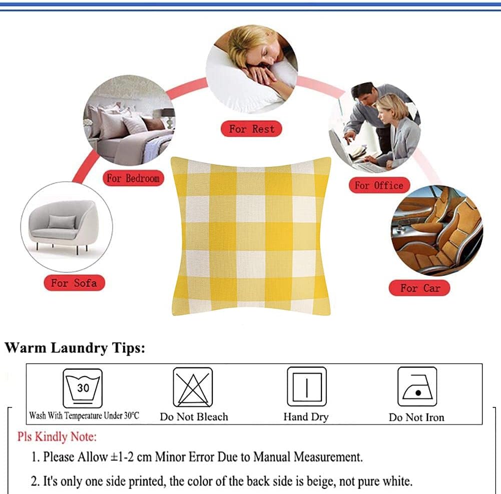 Set of 2 Yellow and White Farmhouse Buffalo Check Plaid Throw Pillow Covers Decorative Indoor Outdoor Cushion Cover Polyester Linen for Summer Home Decor,22 x 22 Inches