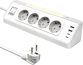 Ecksteckdose Küche, 4 Fach Mehrfachsteckdose mit 2 USB & 2 Type-C, 3680W/16A Ecksteckdose mit LED, Überspannungsschutz, platzsparend für Haushalt, Büro, Küche wandmontierbar, 2M Kabel