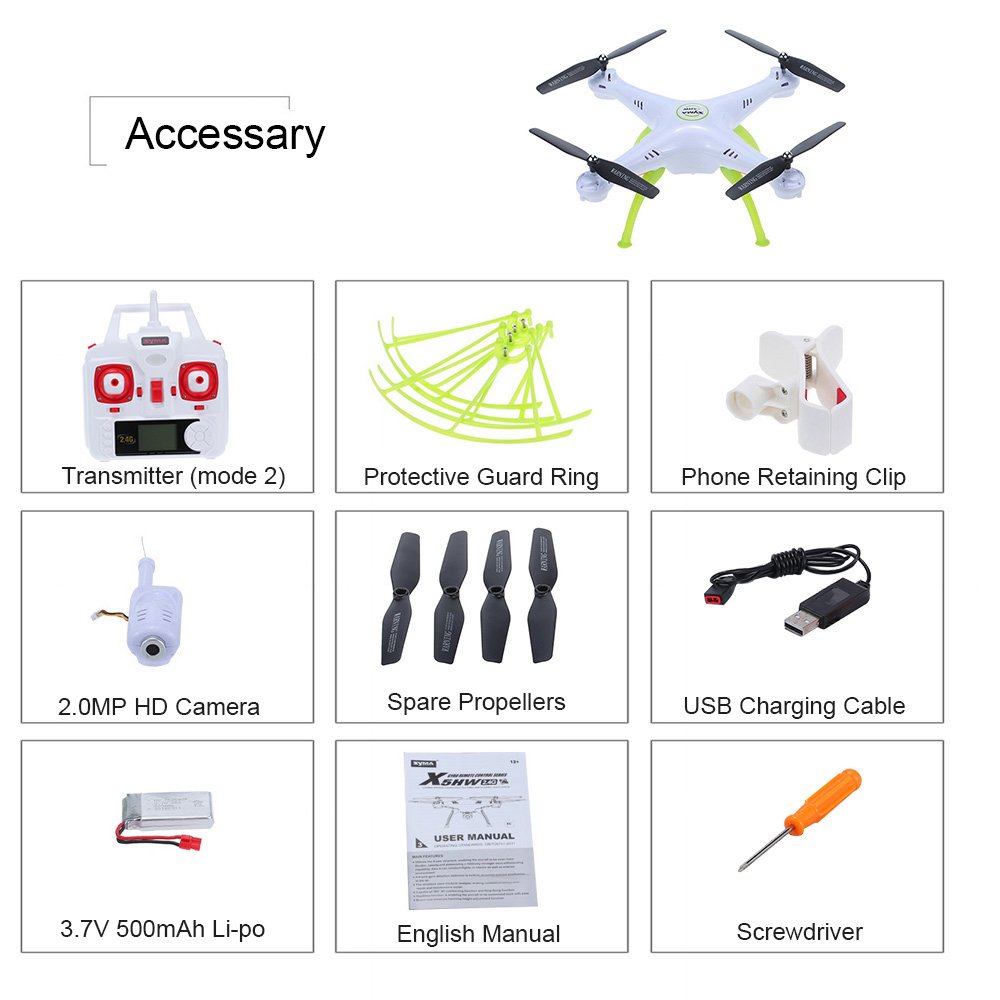 Syma X5HW Quadricottero Radiocomandato, WiFi FPV Trasmissione Live, 0.3 MP, Fotocamera HD, Funzione 360 ° Eversion CF Modalità Hover