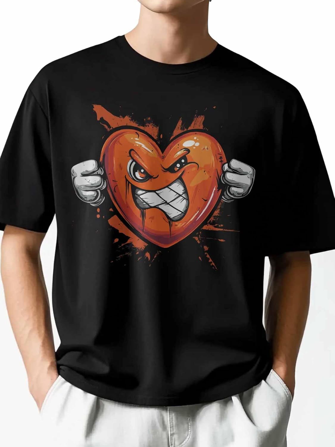 Men's T-Shirt Red Love Graphic Tees Cotton Short-Sleeve Casual Tops Angry Face Printed T-Shirt - Image 2