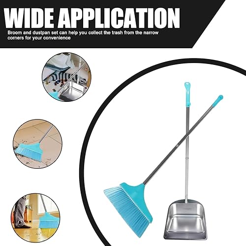 Miniatura 2 de Juego de escoba y recogedor vertical de pie de acero inoxidable de metal escoba para pasillo, vestíbulo, garaje, patio, interior y exterior,