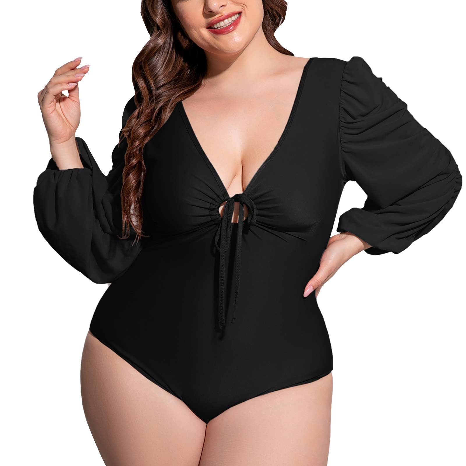 Genérico BañAdores Mujer Tallas Grandes Traje de baño de Verano para Mujer, Traje de baño de Manga Larga con Empalme Protector Solar, Bikini Sexy de Talla grande con Cuello en V y Cordones