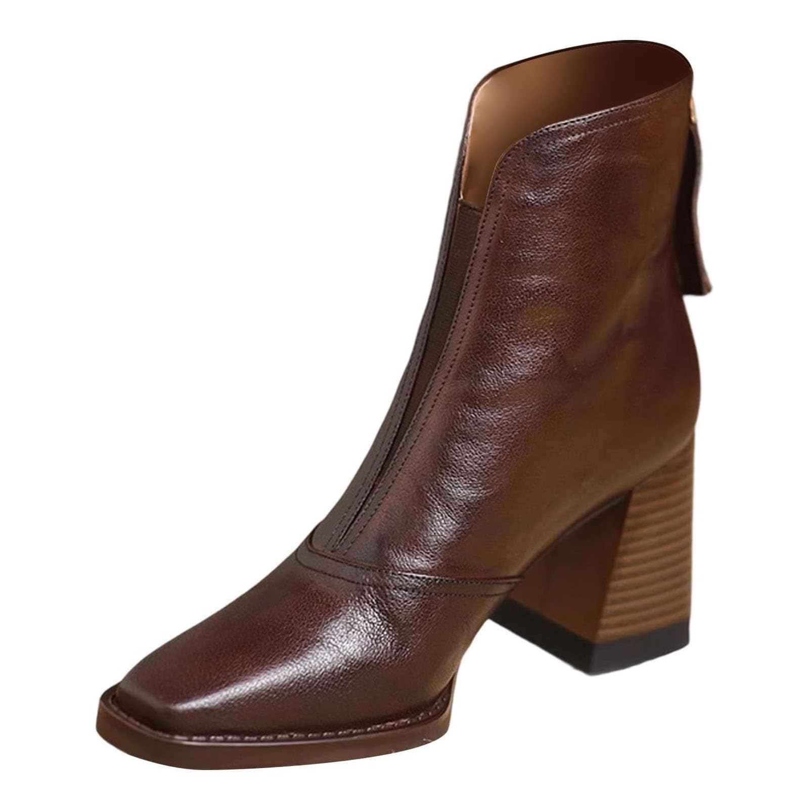 Womens Ankle Boots Square Toe Chunky Heel Boots Elastic Low Heeled Short Booties With Zipper Fall Winter Dress
