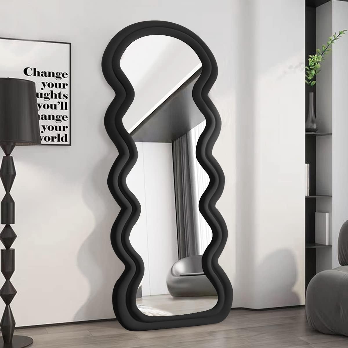 Floor Mirror with Stand, Full Length Irregular Wavy Mirror, Flannel Wrapped Wooden Frame (Black)