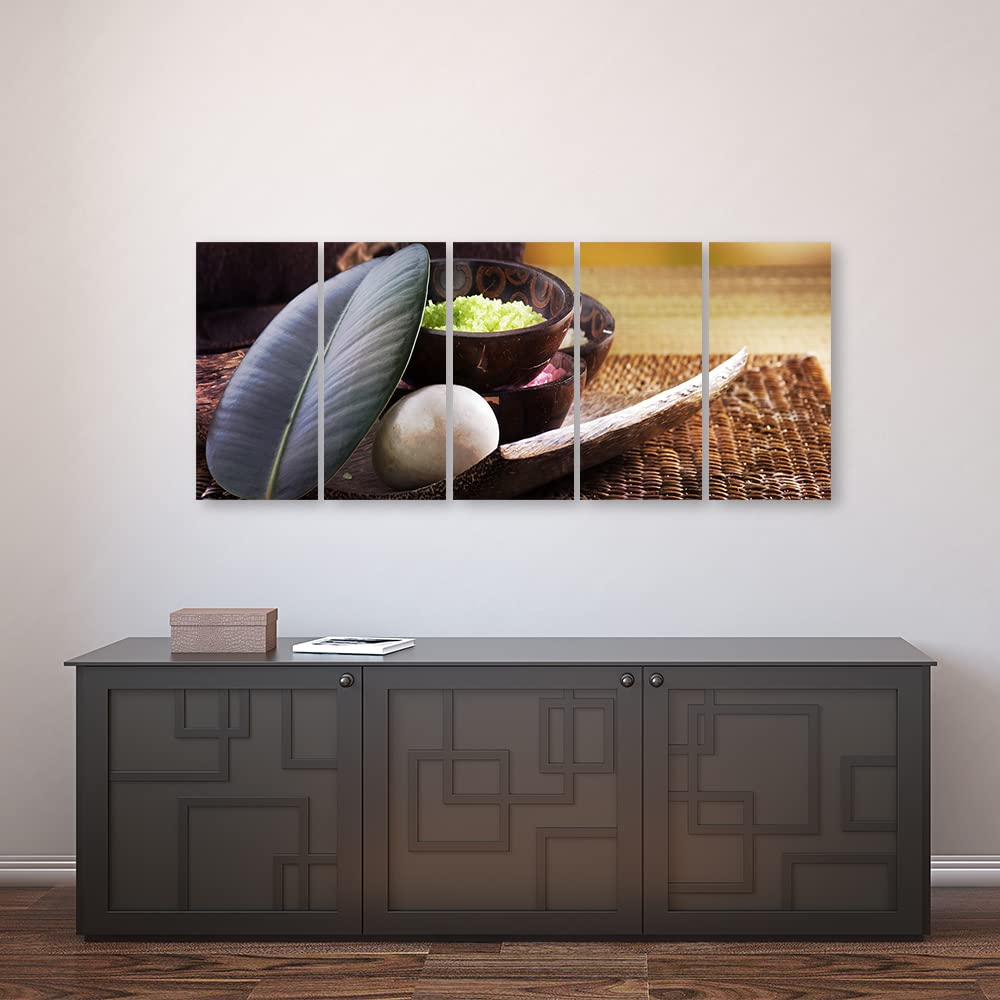 Feeby 5-teilig Vlies Leinwandbild 200x80 cm Badesalz Entspannung Großes Blatt Wand Bild Kunstdruck Deko Wohnzimmer Wohnungs Deko Innerer Frieden Stein Spa Braun