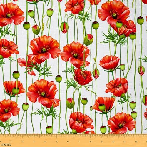 Tela de flores de amapola por el patio, tela de tapicería floral roja brillante para sillas, sofá, hojas botánicas, tela impermeable para exteriores, tela decorativa para proyectos de bricolaje en el