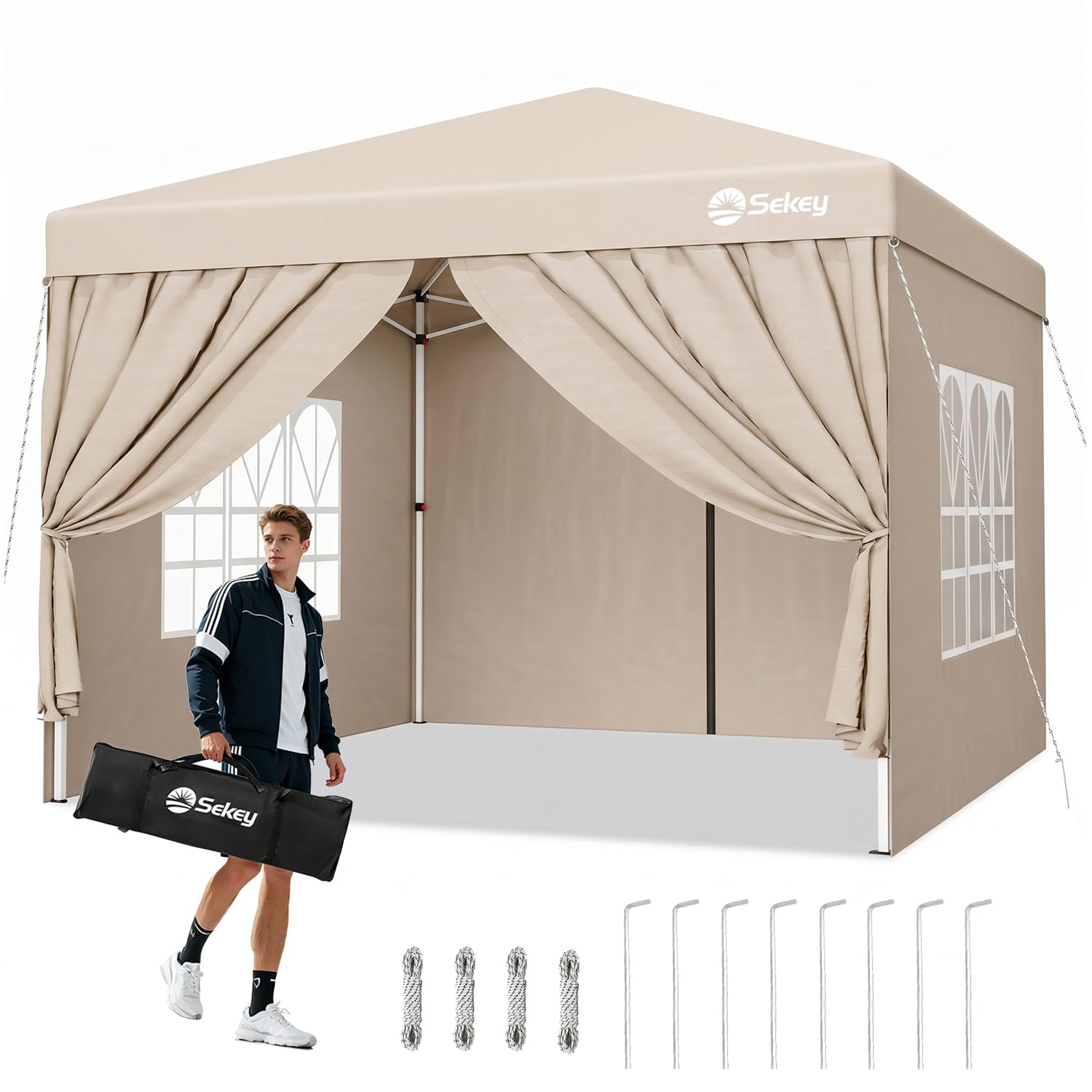 Sekey Pop Up Gazebo with Sides 3m x 3m, Heavy Duty Gazebo with Carry Bag, Instant Setup, Waterproof 1000mm - Marquee Garden Party Tent Outdoor, (Beige, 3x3 with Sides) โ image 1