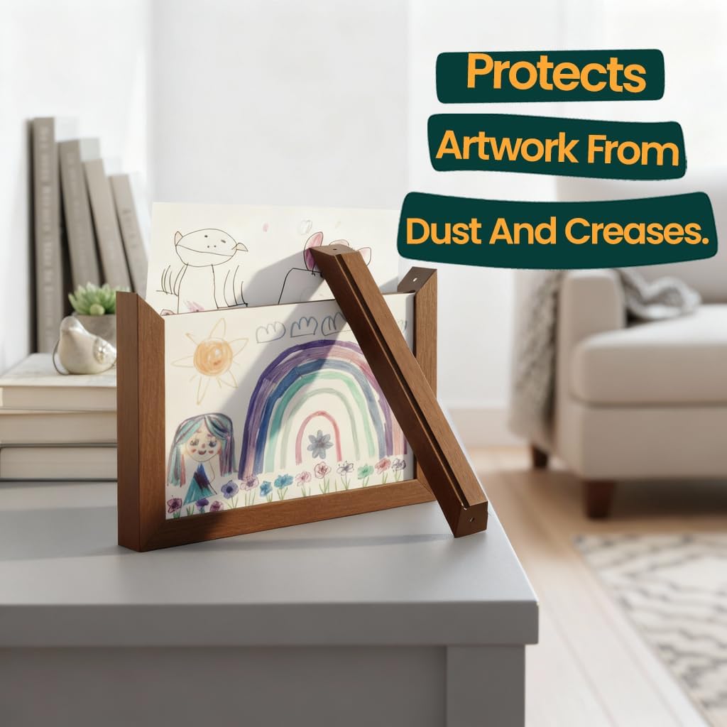 Magnetic Kids Art Frame 8.5x11 – Lift-Top Real Wood Artwork Display & Storage – Strap-Free Changeable Frame Holds 250 Drawings – Freestanding or Wall Mounted - Brown