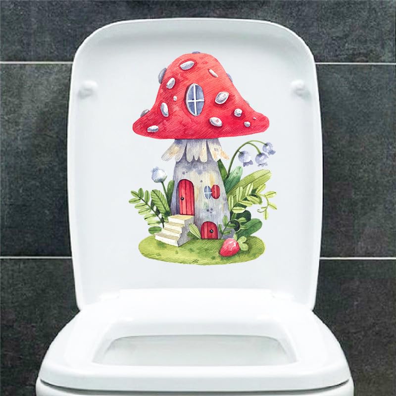 Mushroom House Toilet Cover Sticker Decals,Cartoon Spring Flower Leaf Waterproof Toilet Lid Tank Seat Decals Cistern Self-Adhesive Bathroom Wall Sticker