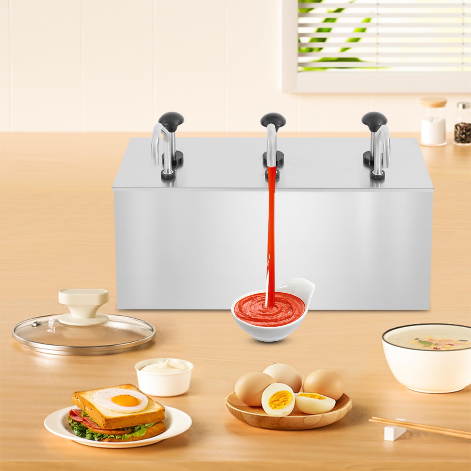 Dispenser per salse in acciaio inox, 12 l, con 3 beccucci, 3 dispenser per ketchup da 4 l, per condimenti per insalata, aceto, salsa di soia, ketchup