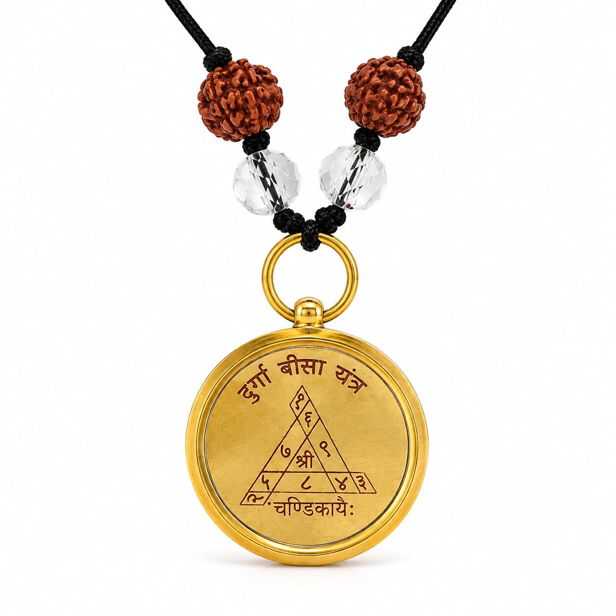 Brass Durga Bisa Yantra Pendant for Men & Women, Double-Sided Goddess Durga and Yantra Design, Round Spiritual Pendant with 2 Clear Quartz Beads, 2 Five Mukhi Rudraksha Beads & Black Cord, 2.5 cm-image-12