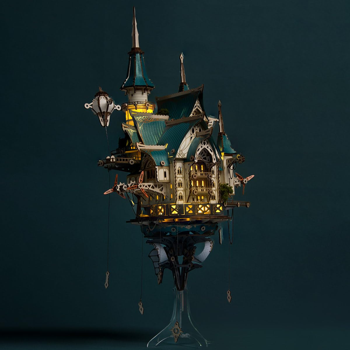 Zestaw do budowy drewna 3D "Fantasy Steam Sky Castle" (863 części/niebieski) wykwintnie wykonana złożona trójwymiarowa struktura, tajemniczy obiekt artystyczny inspirowany bajkami