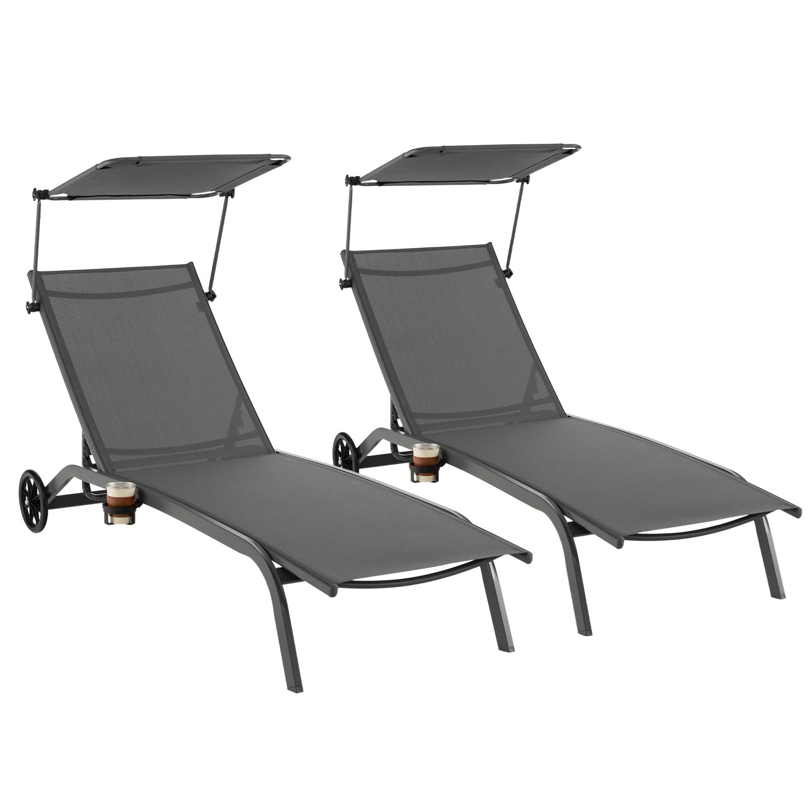 COSTWAY Tumbona Jardin Reclinable 6 Niveles, 2 Ruedas, Tumbona Playa Parasol Ajustable y Portavasos, 191 x 61 x 96cm, Carga 150kg, ExteriorTerraza Balcón Piscina (Gris,2)