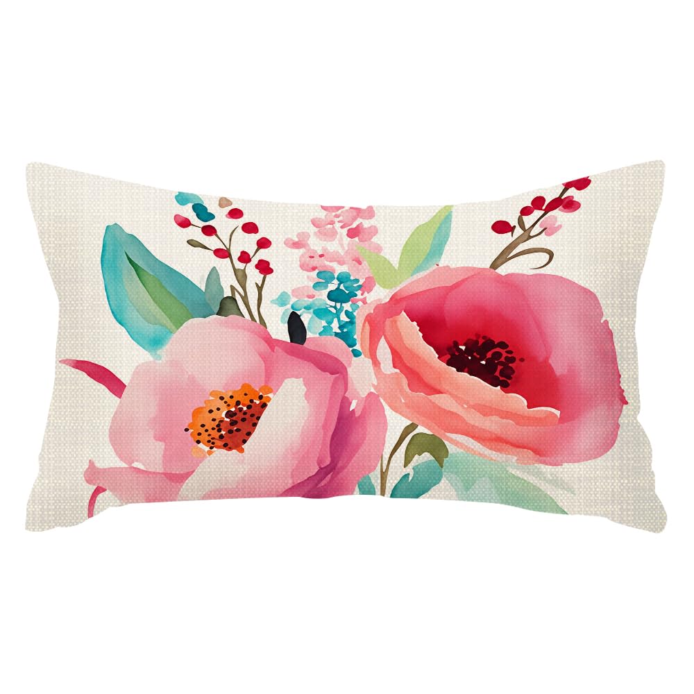Ssoiu Multi-010 Throw Pillow Covers Watercolor Pink Turquoise Flowers Floral Cushion Pillow Case Home Decor Pillowcase 12X20 Inches