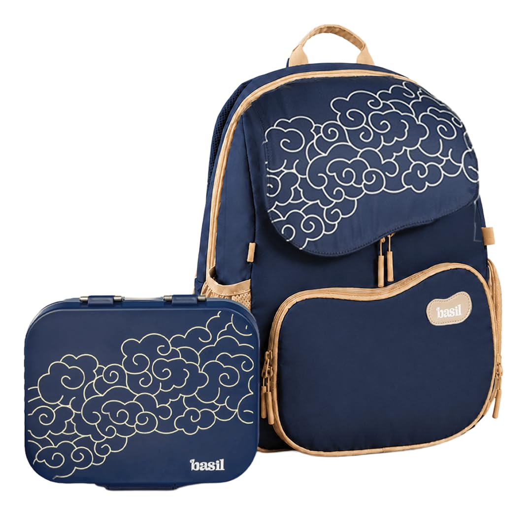 Basil Kids School Combo | Wander 20L Lightweight Backpack with Chest Strap + Quad Plus 1020ml Stainless Steel Lunch Box | Midnight Sora
