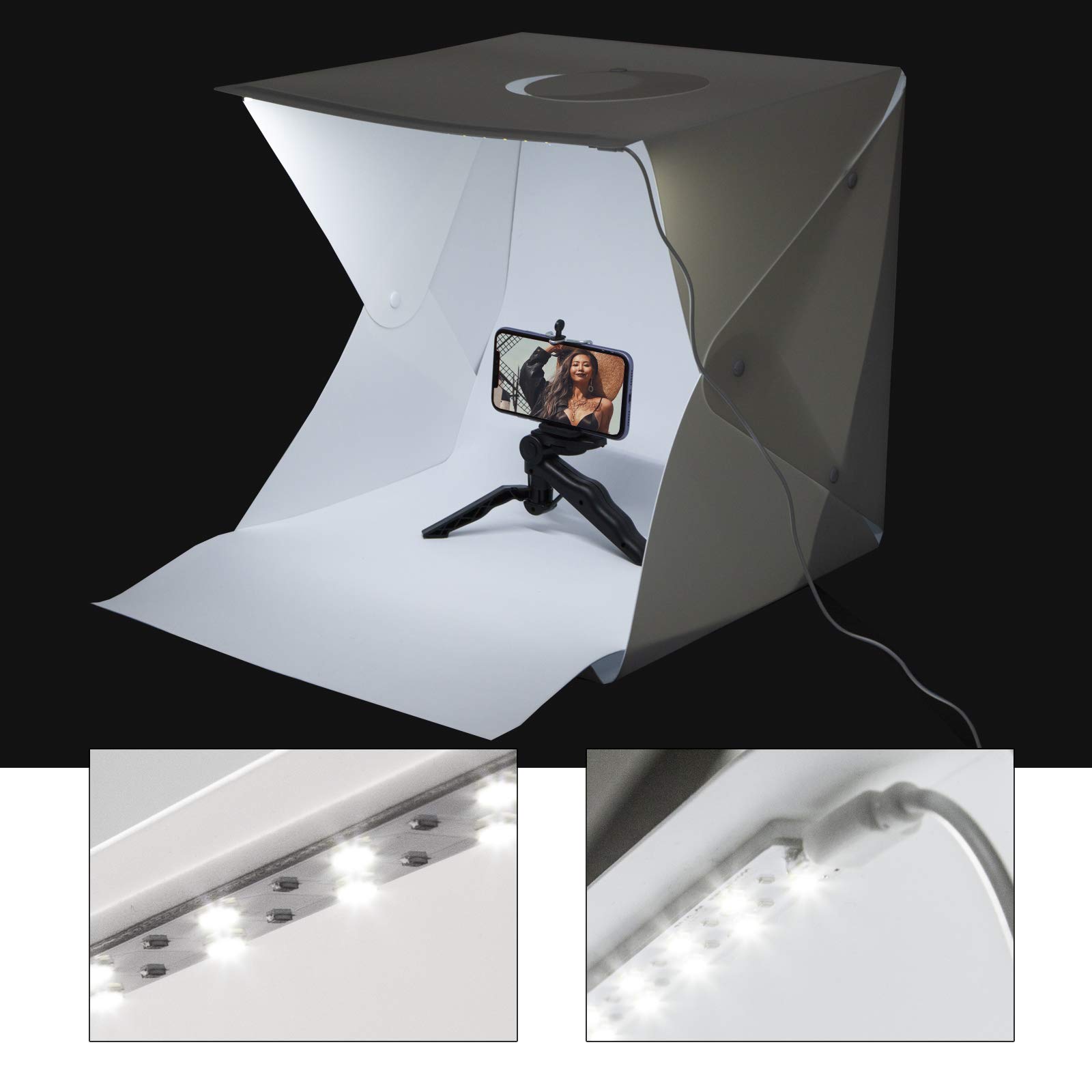 Mini Studio Photo Boîte à Lumière LED Lightbox Cube Lumineux 40x40cm Tente de Shooting Pliant Portable avec Fond Noir/Blanc pour Bijoux, Jouets, Montres Photographie etc