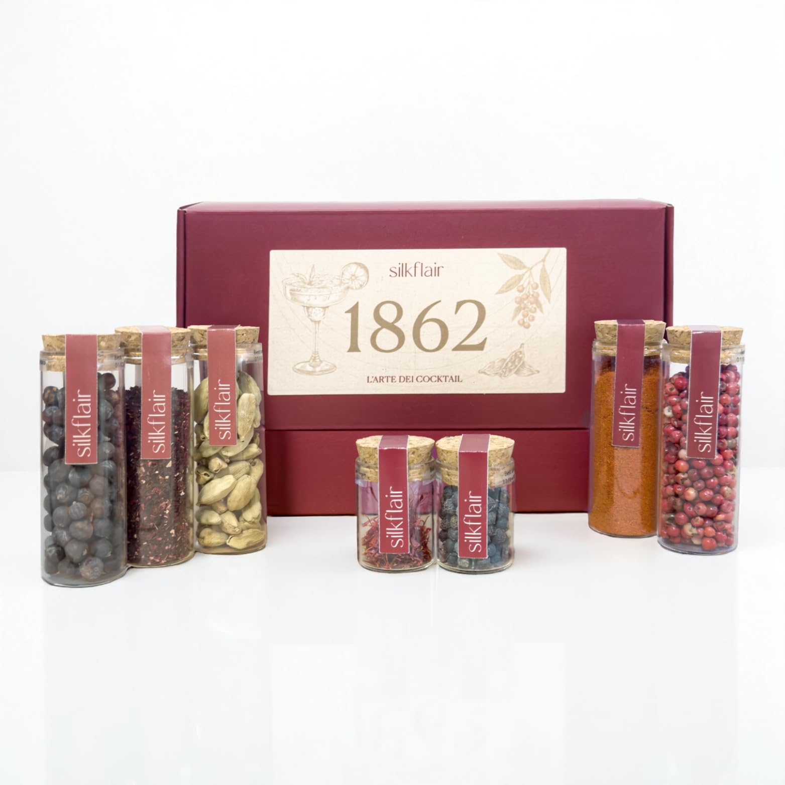 Silkflair "L'arte dei cocktail" (con zafferano in pistilli) Set spezie per cocktail e gin botanicals | Box premium con 7 spezie pregiate e 7 ricette originali
