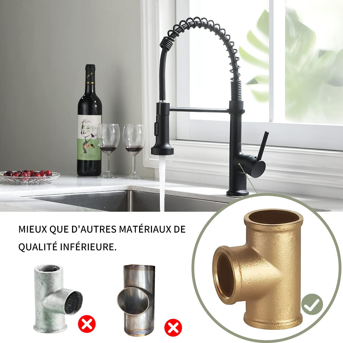 AIMADI Robinet de Cuisine Noir Mat, Mitigeur Évier à Bec Extraible et RotatifRobinet de Cuisine, Mitigeur Évier à Bec Extraible et Rotatif 360° avec Douchette 2 Jets,Robinet Moderne à Levier Unique