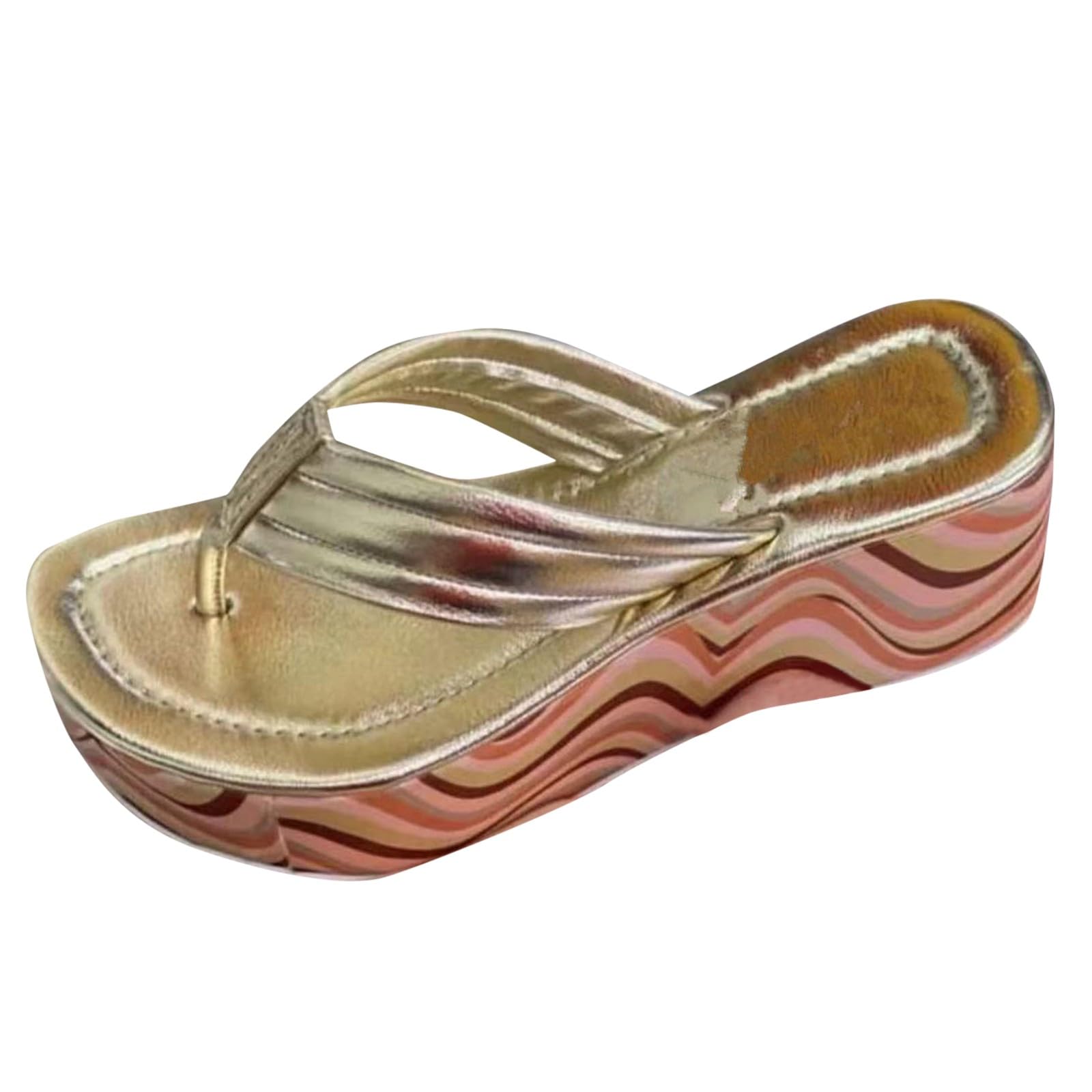 Chanclas grandes de color grueso en espiga con tacón inclinado, sandalias de playa para mujer, Gold, 40 EU