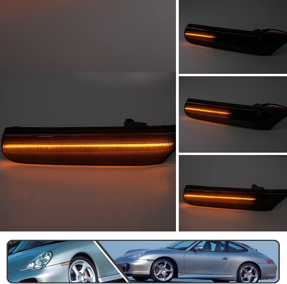 2Pcs Smoked Lens Full LED Dynamic Sequential Blink Side Marker Lights for Porsche 911 1998-2005 Boxster 986 1997-2004 Front Bumper Side Marker Assembly
