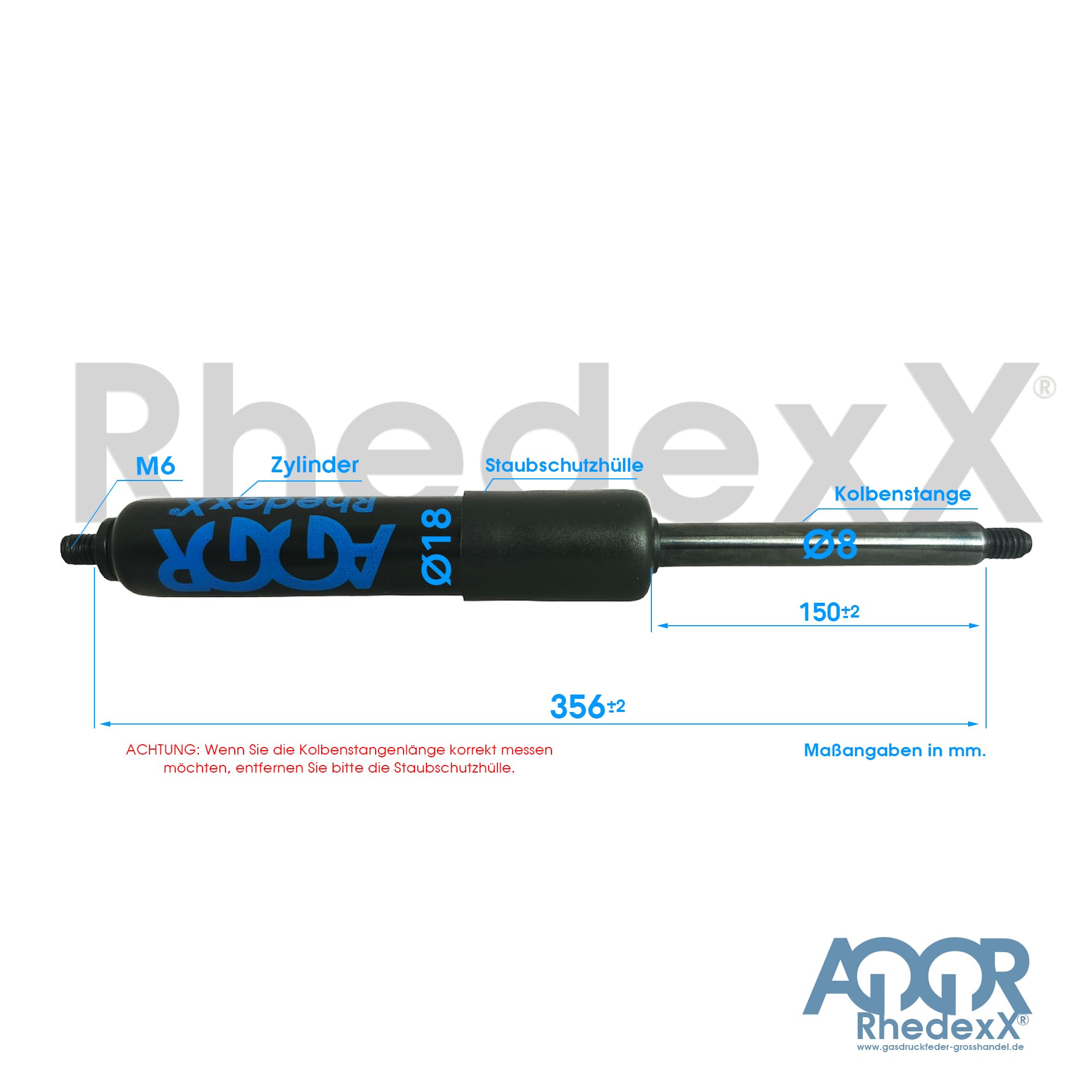 Molla a gas di ricambio per Stabilus Liftomat 697656, 356 mm/150 mm/50N-800 N – RhedexX® molla a gas con filettatura M6, lunghezza 356 mm, corsa 150 mm, potenza: 50N-800N (356/150/400N)