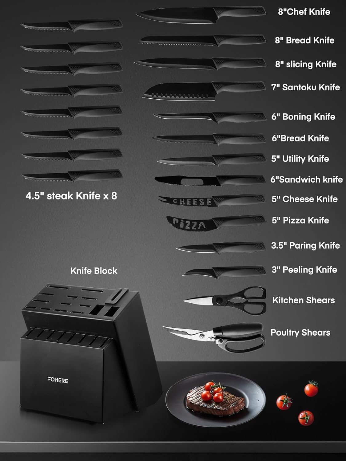 Couteaux de Cuisine avec Bloc FOHERE 23 Pièces Ensemble De Couteaux avec Affûteur Intégré, Bloc de Couteaux avec Couteau à désosser, Couteau à fromage, Noir