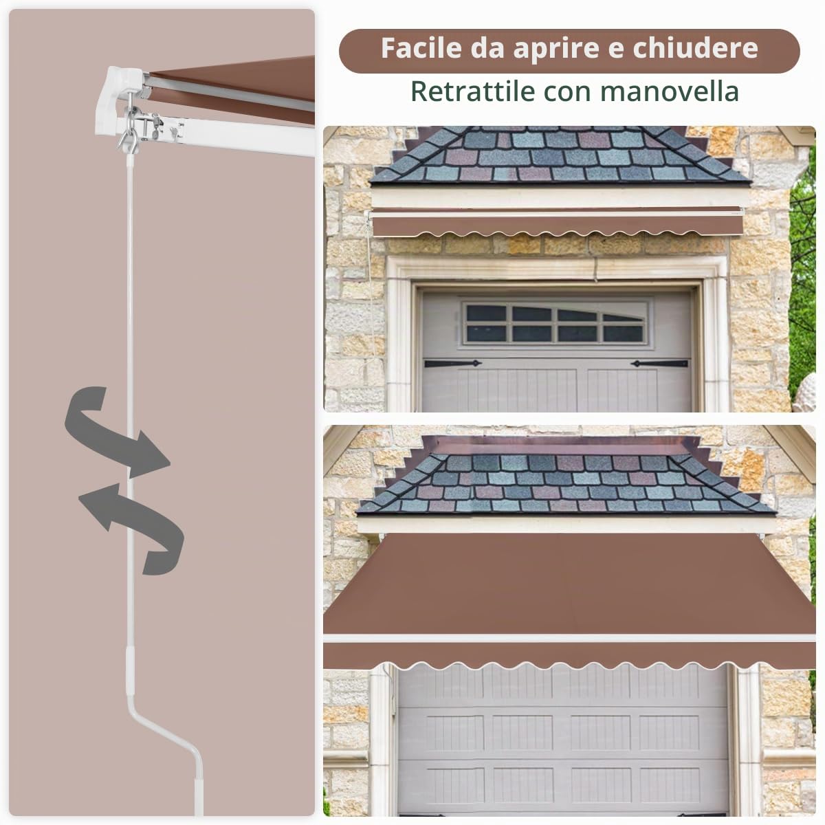 HOMASIS Tenda da Sole a Rullo, Tenda Parasole Retrattile con Manovella, Tenda per Balcone Regolabile in Angolo, Protezione Solare in Metallo e PU per Giardino e Terrazza (Marrone, 4 x 2,5 m)