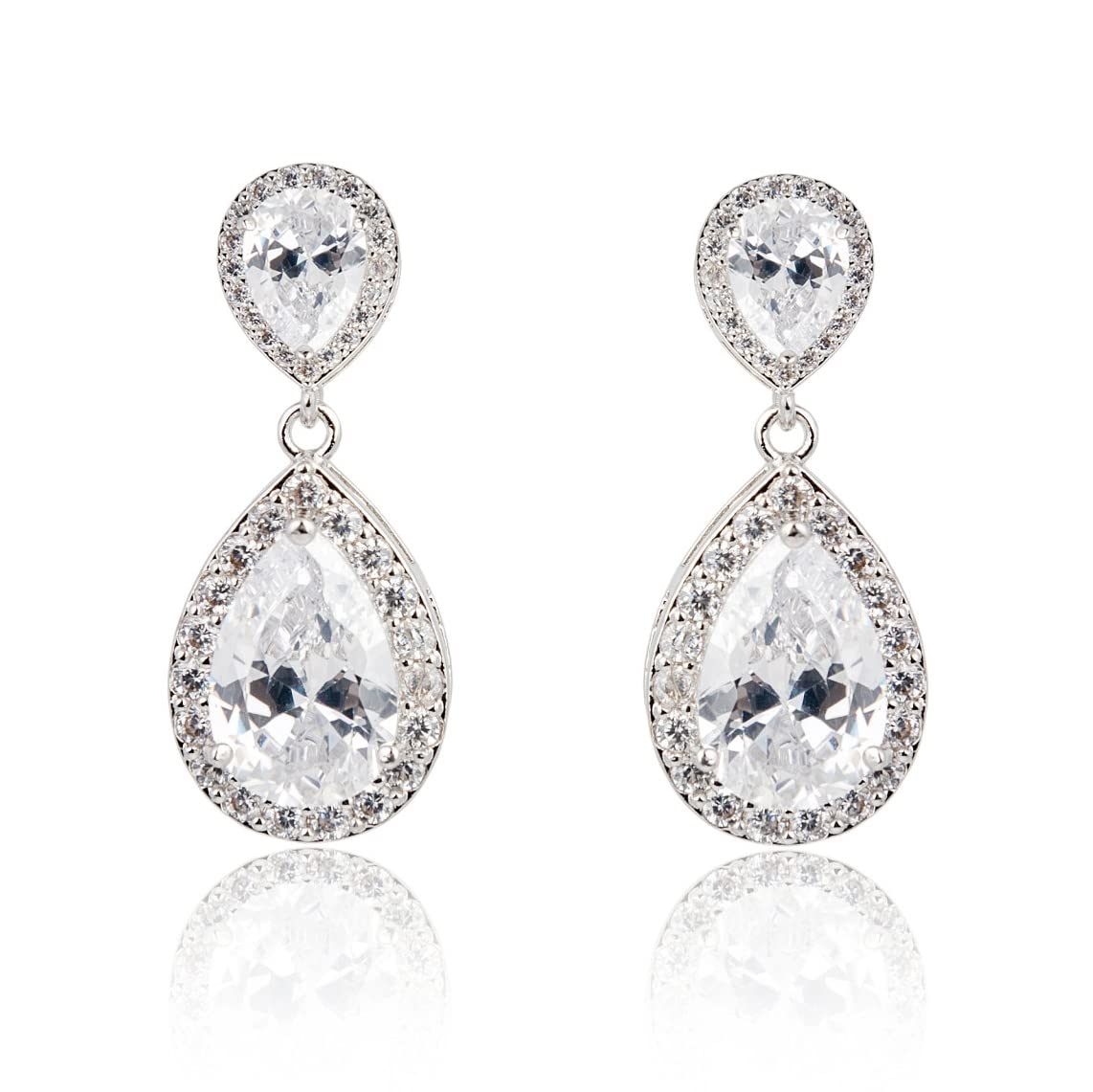 Ailison Teardrop Earrings, Crystal Rhinestone Stud Earrings, Pear Cut CZ Square Zirconia, Women's Sterling Silver Earrings, Teardrop Dangle Earbob (