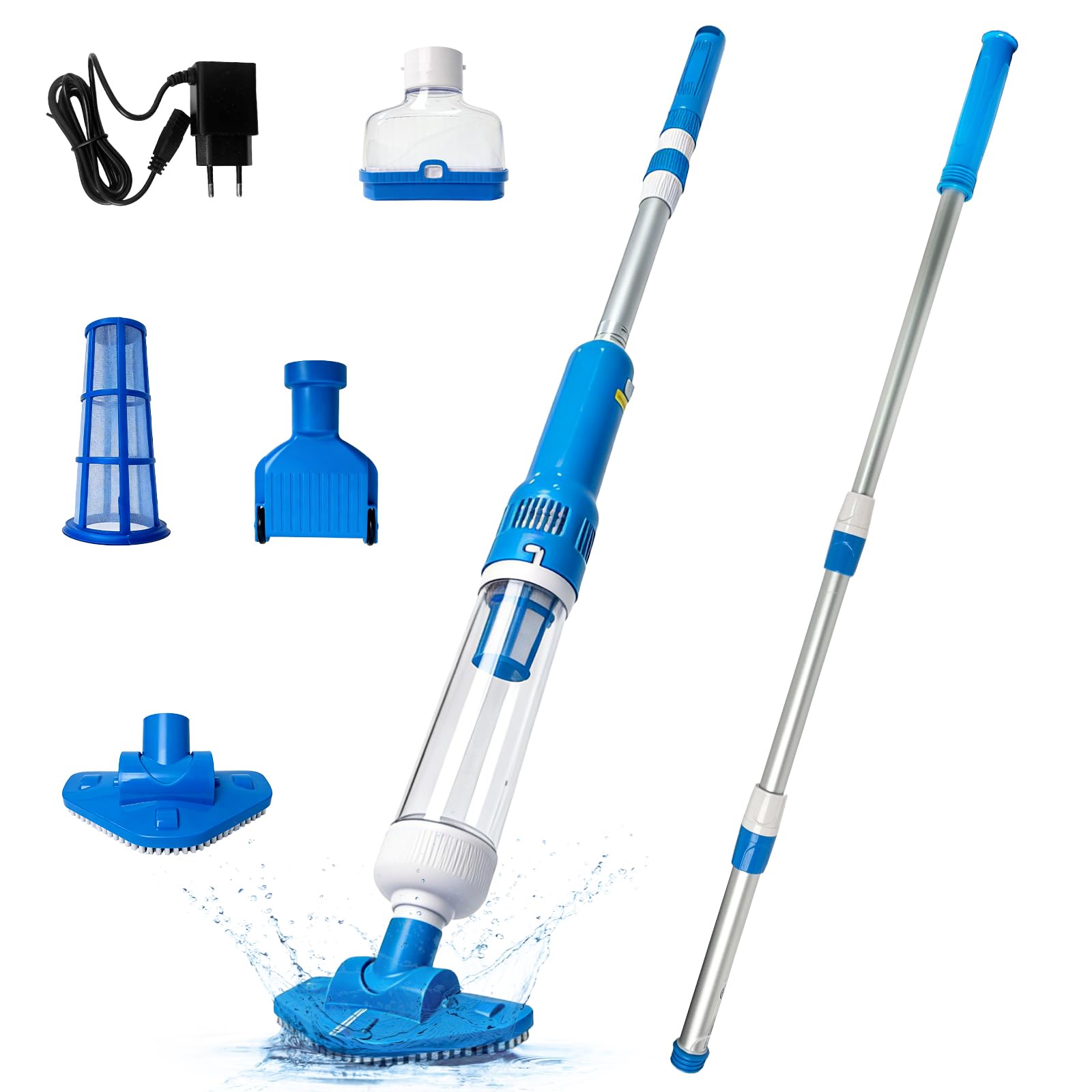Aspirateur de Piscine sans Fil, 3 en 1 Nettoyeur Électrique à Batterie Rechargeable, Autonomie 70 Min, Aspirateur Piscine pour Spa, Bain à Remous, Piscine Hors-Sol et Enterrée, Bleu