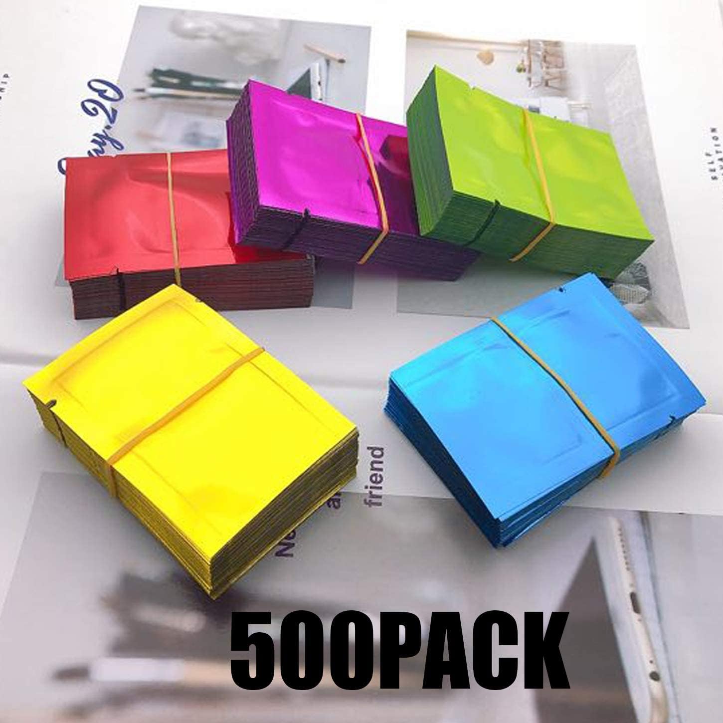 Luckkyme 500 Pack Aluminum Foil Bags, Matte Sample Pack Flat Open Top Resealable Tear Notch Aluminum Foil Mylar Bags, 5 x 7 cm/ 2x 2.7 inch, 5 Color