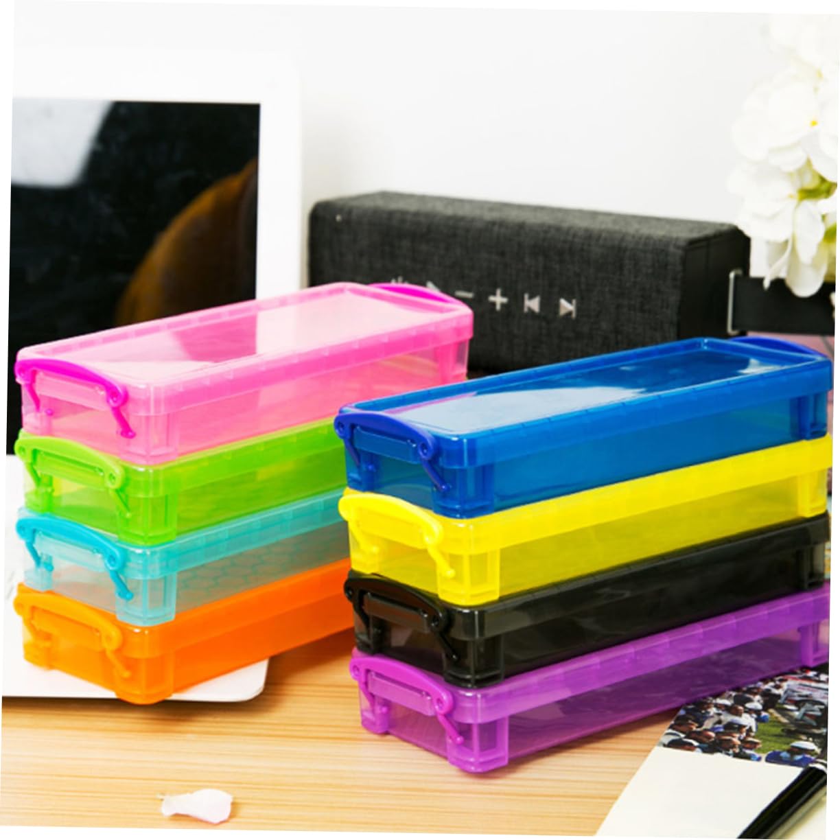 NUOBESTY Set di 8 Scatole Porta Oggetti in Plastica Traslucida per Cancelleria, Organizer per Penne e Matite, Capacità per Scuola e Ufficio, Ordine sulla Scrivania